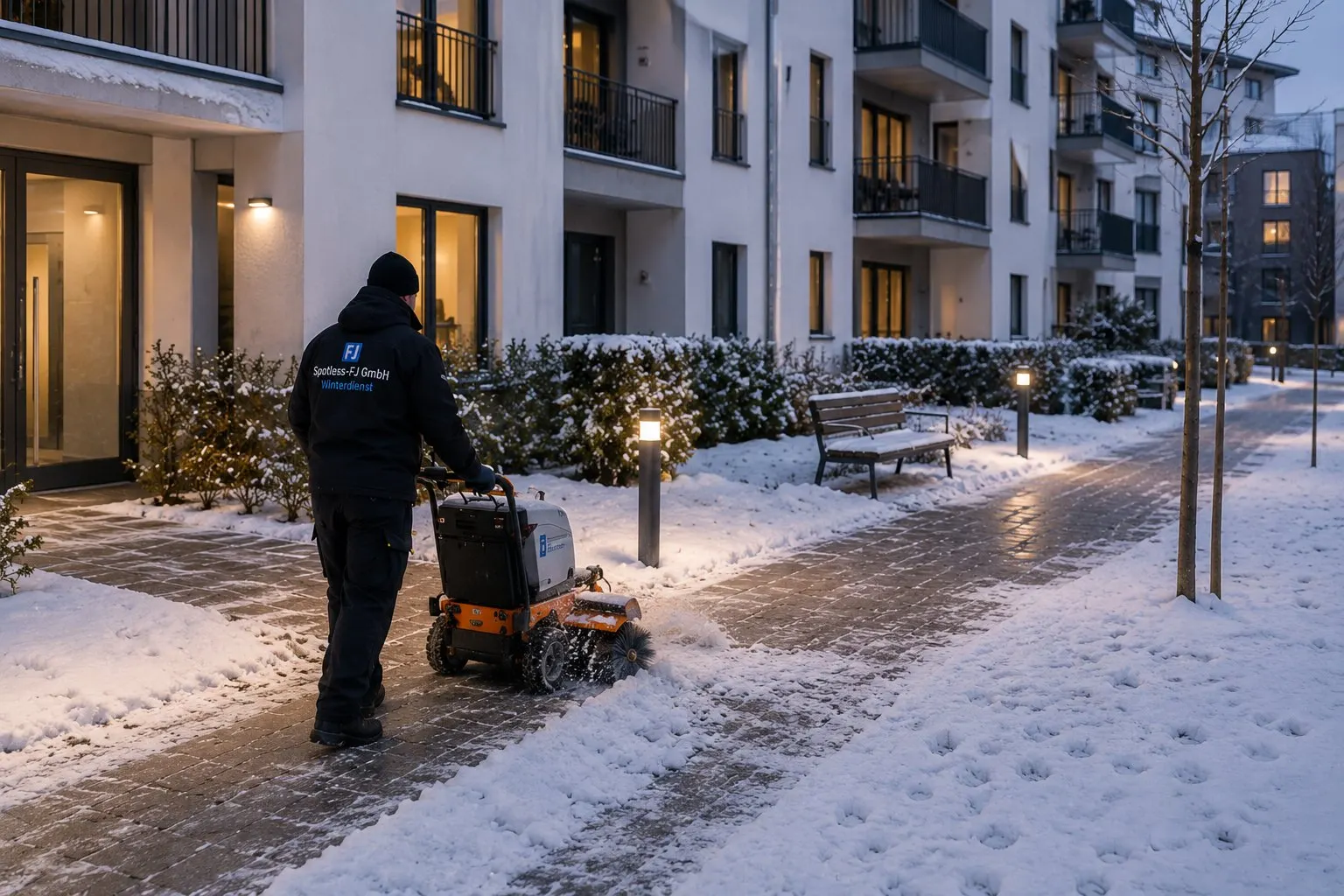 Räumung eines Gehwegs vor einer Wohnanlage in Hamburg im Winter