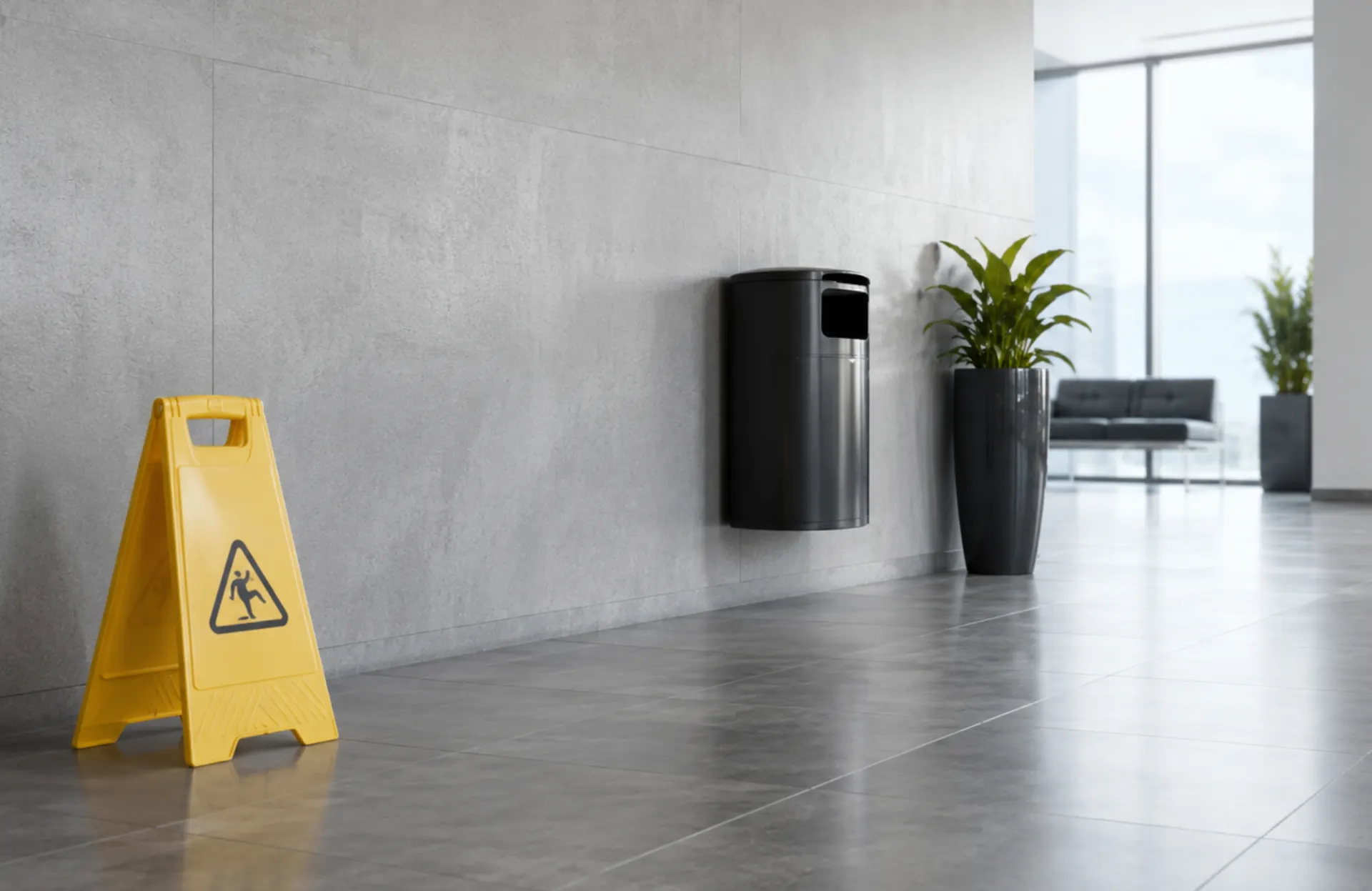 Sauberes Foyer mit Warnschild nach der Reinigung