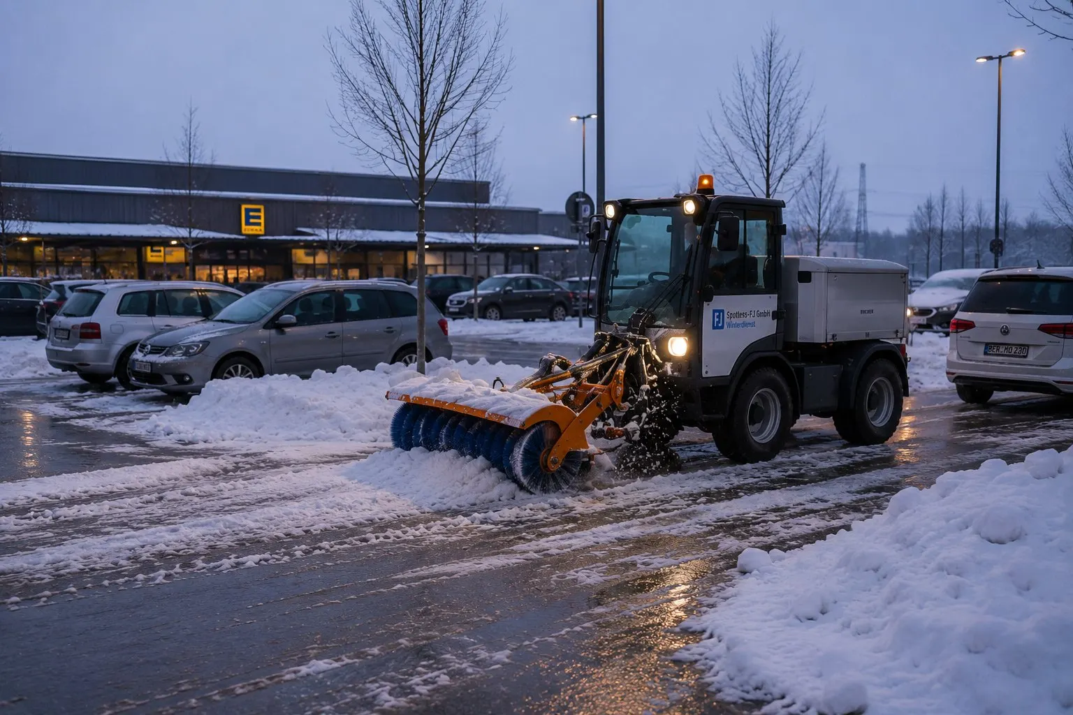 Kehrmaschine räumt einen Parkplatz in Hamburg