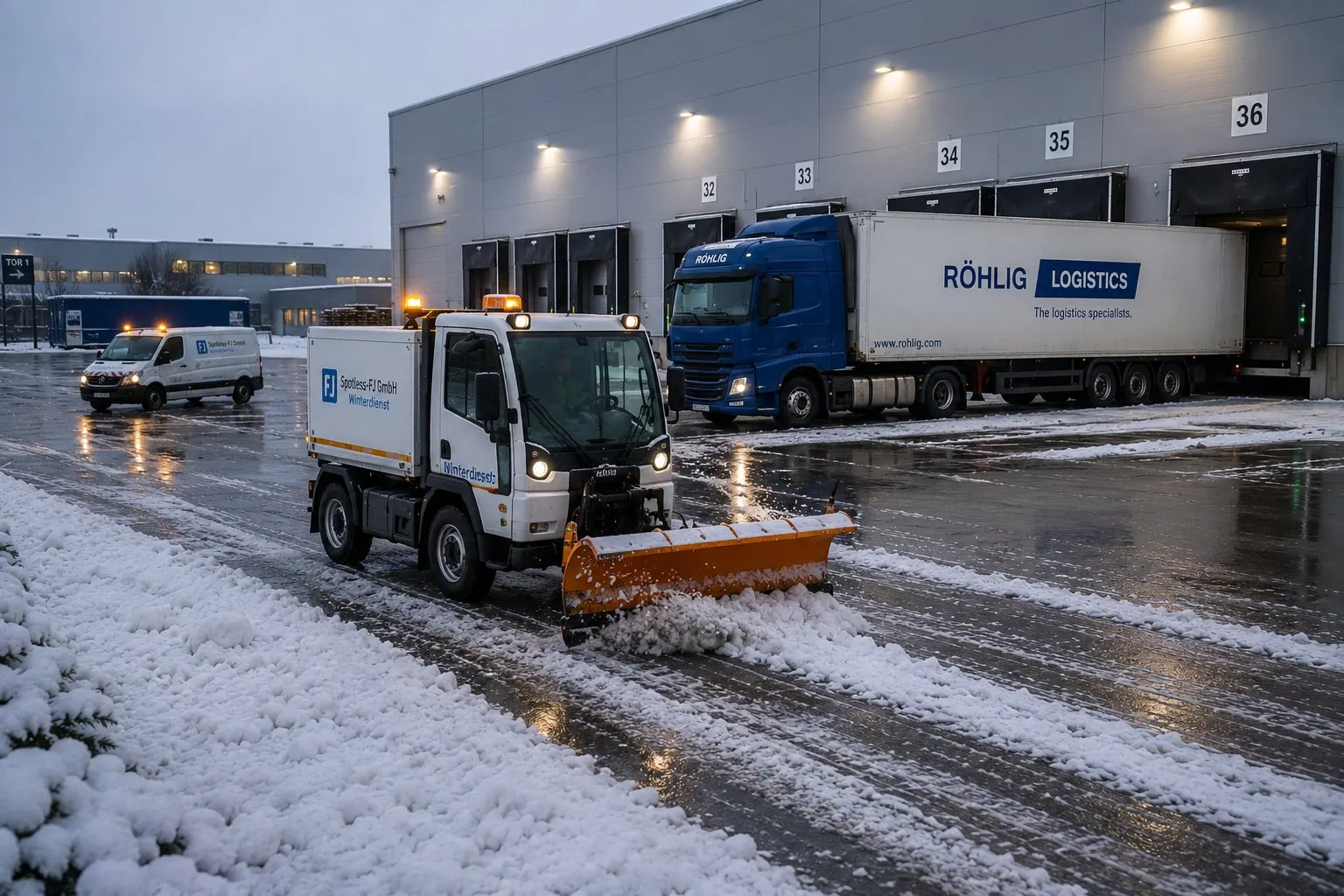 Winterdienst an einem Logistikzentrum in Hamburg