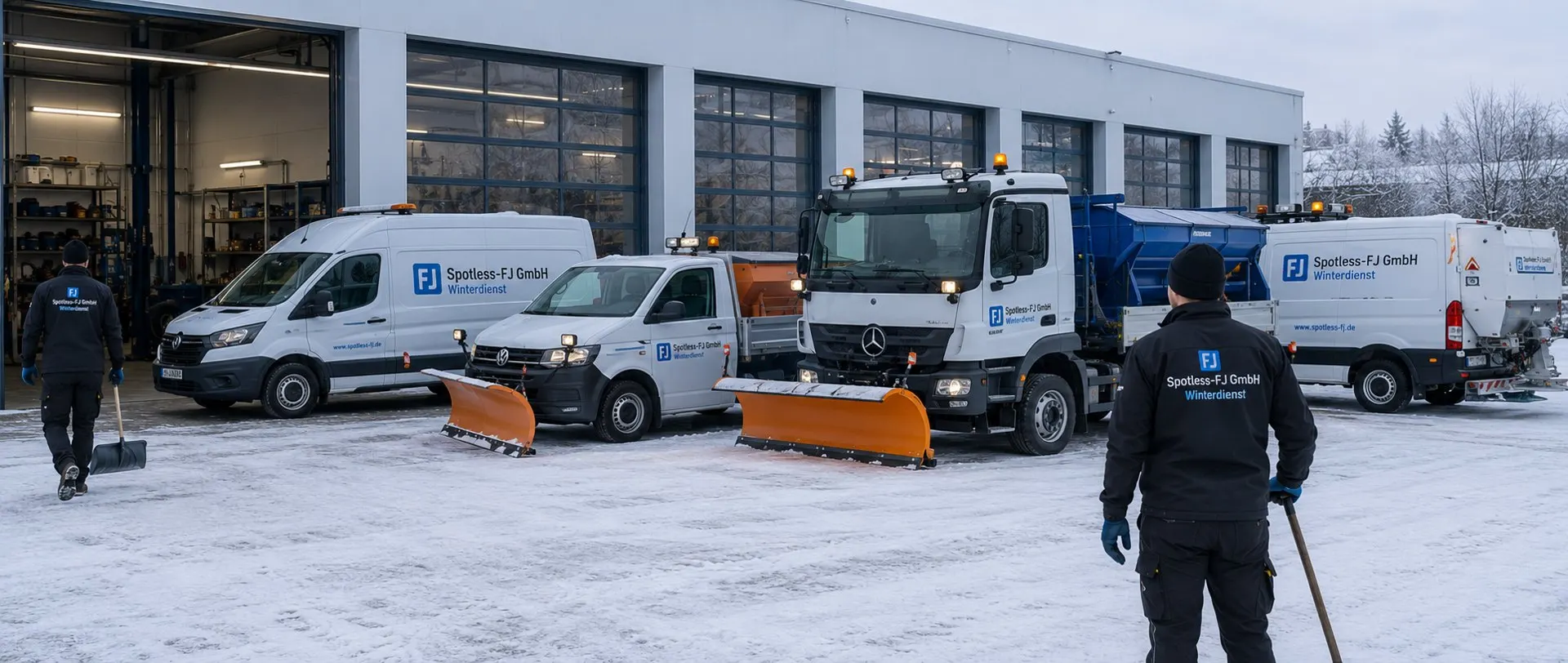 Winterdienstfahrzeuge der Spotless FJ GmbH bereit zum Einsatz in Hamburg