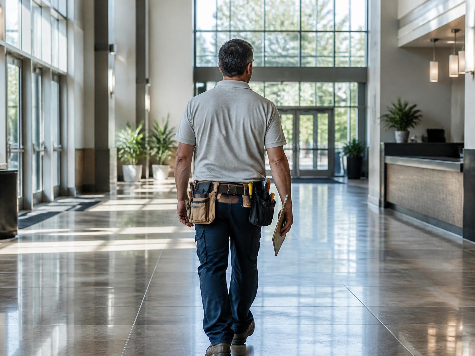 Objektbetreuer bei der Begehung im Foyer eines Bürogebäudes