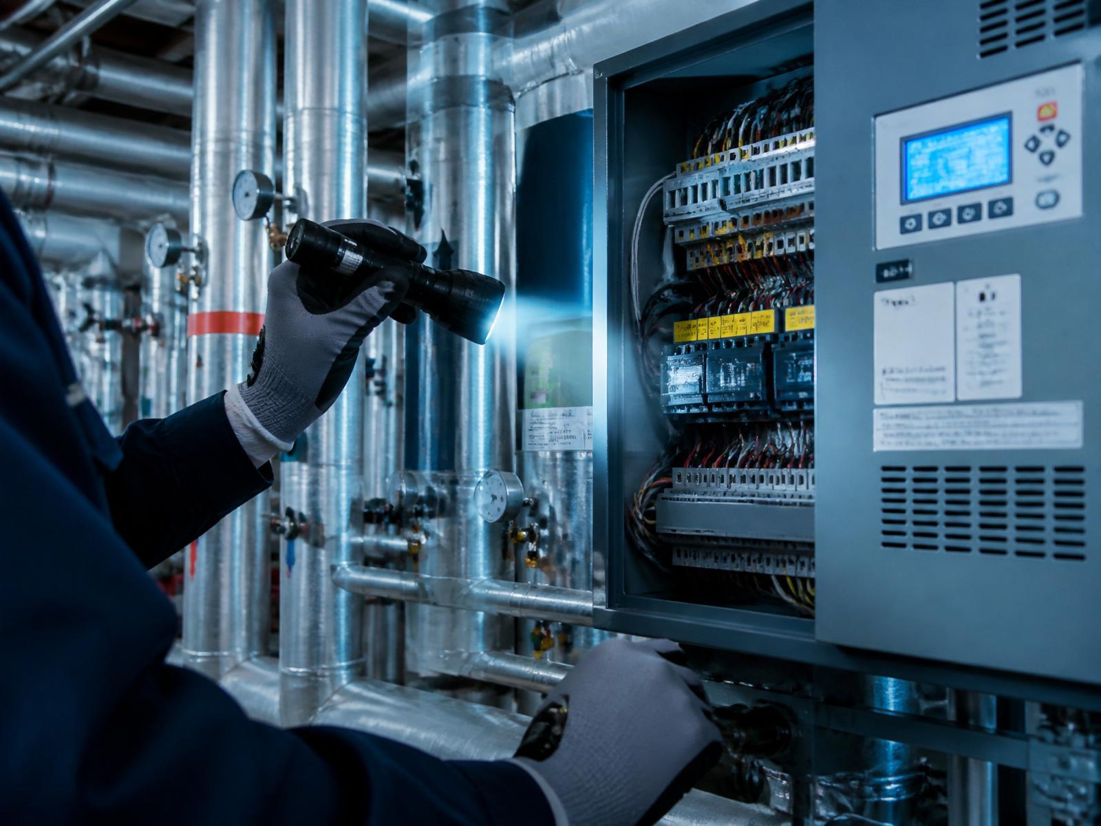 Techniker prüft eine Schaltanlage bei der Wartung der Gebäudetechnik